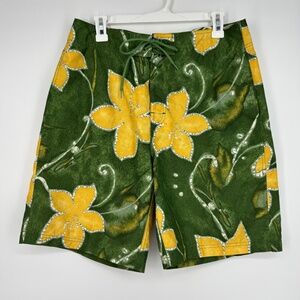 Nautica Mens Size 32 Board Shorts Swim Trunks Green Yellow Floral Mesh Lining